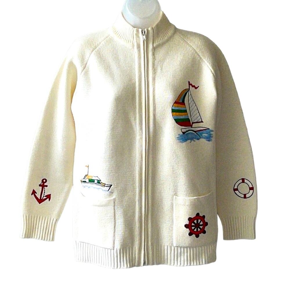 VINTAGE 1960’s LeRoy Knitwear Nautical Zip Front Cardigan Size Medium